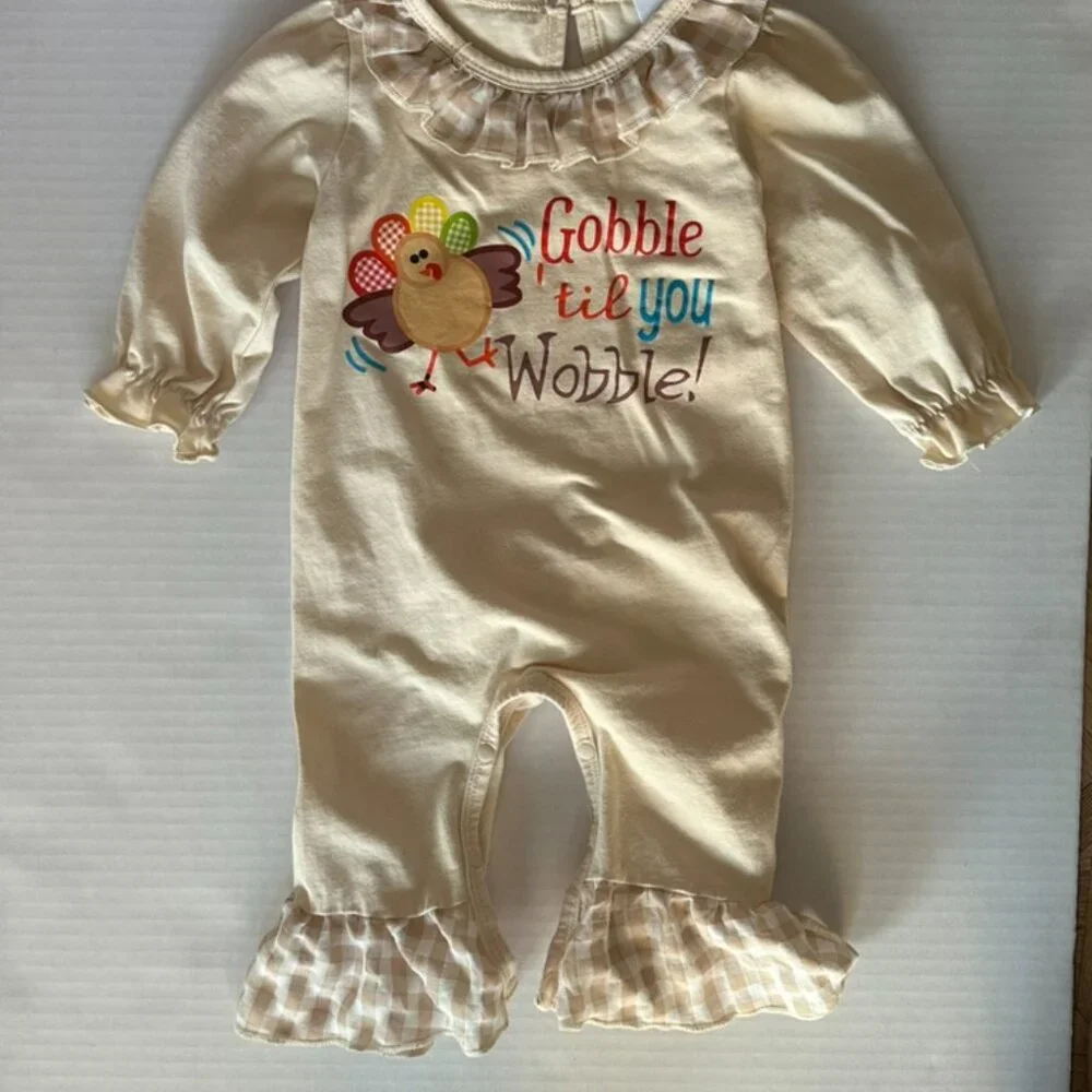 Baby Girl Thanksgiving Turkey Romper Long Sleeved Bubble - Picture 2 of 5